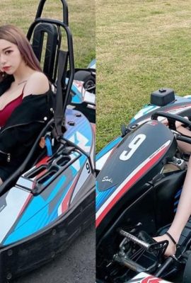 Garota peituda super gostosa “Olivia Lin Yi” usa calças quentes e dirige um kart na pista de corrida (15P)