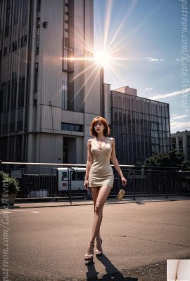 Cabelo laranja e vestido de veludo